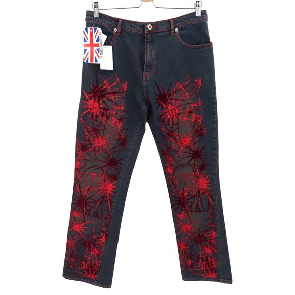 AMAZING Jeans Womens 14 Red Glitter Velvet Splash Denim Pants Y2K 2000s NEW - Picture 1 of 12